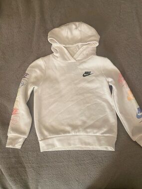 Nike White Kids Hoodie with Multicolor Sleeve Logos